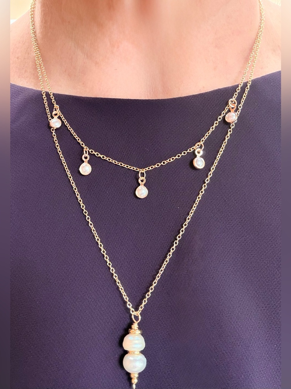 Double strand Necklace-two separate chains,double pearl pendant,bezel-set pearls